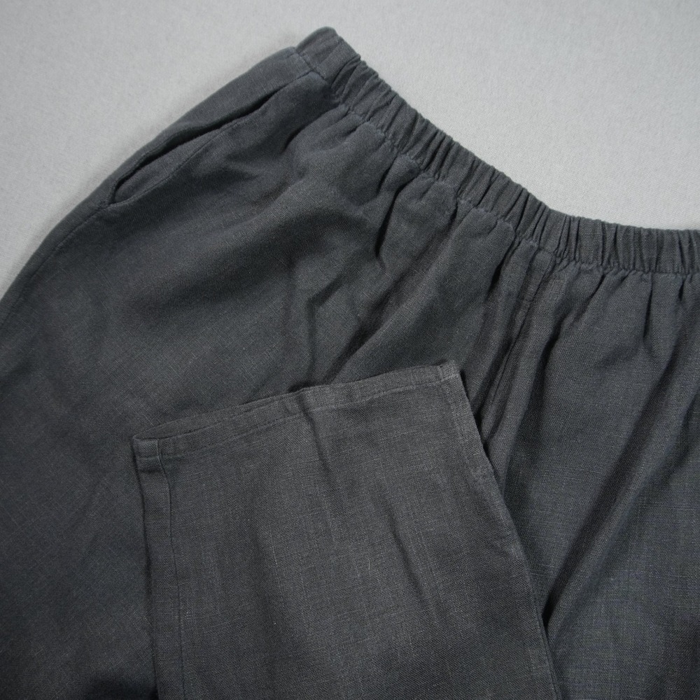 Flax Linen Wide Leg Baggy Elastic Waist Pockets Side Slit Women Pants S Boho